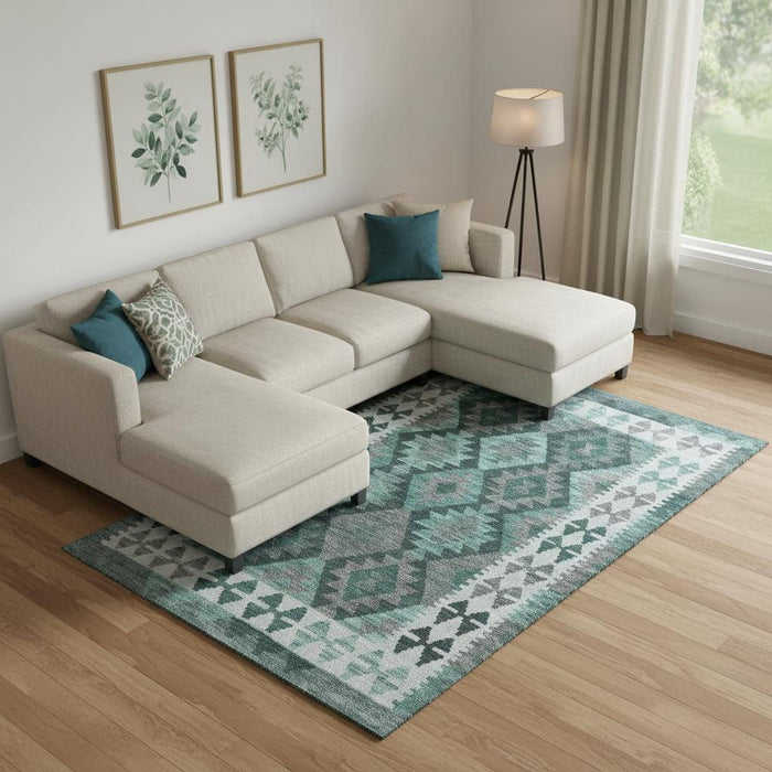 10' X 14' Tribal Washable Area Rug With UV Protection (707971) - Pale Aqua / Ivory