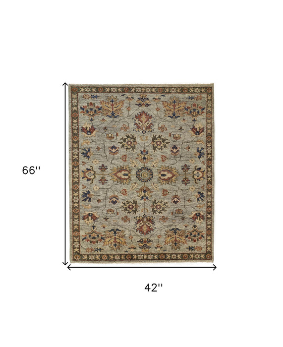 4' x 6' Wool Floral Hand Knotted Stain Resistant Area Rug With Fringe - Gray Gold And Red