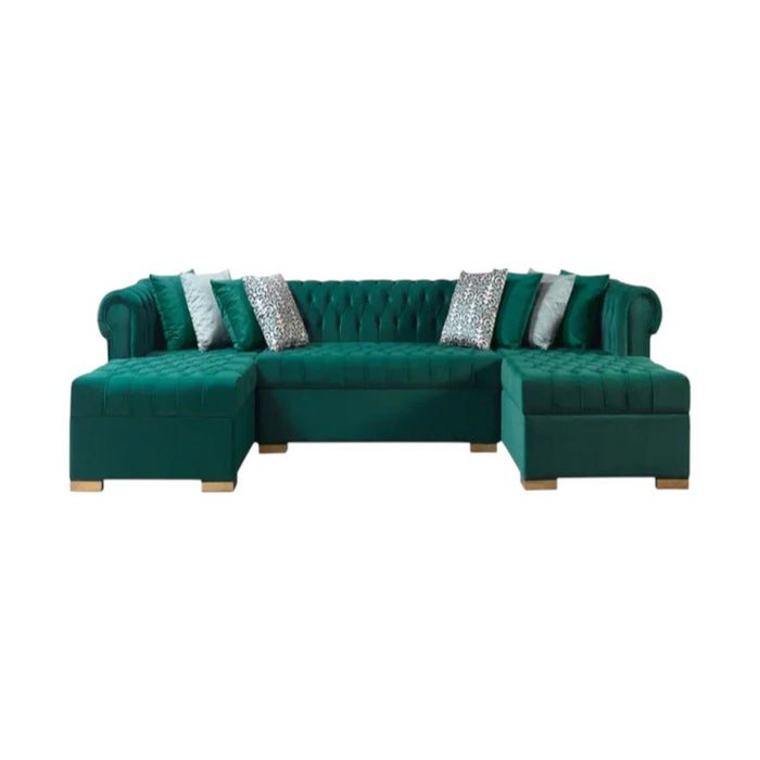 Velvet U Shaped Three Piece Sofa Chaise Sectional With Toss Pillows - Green