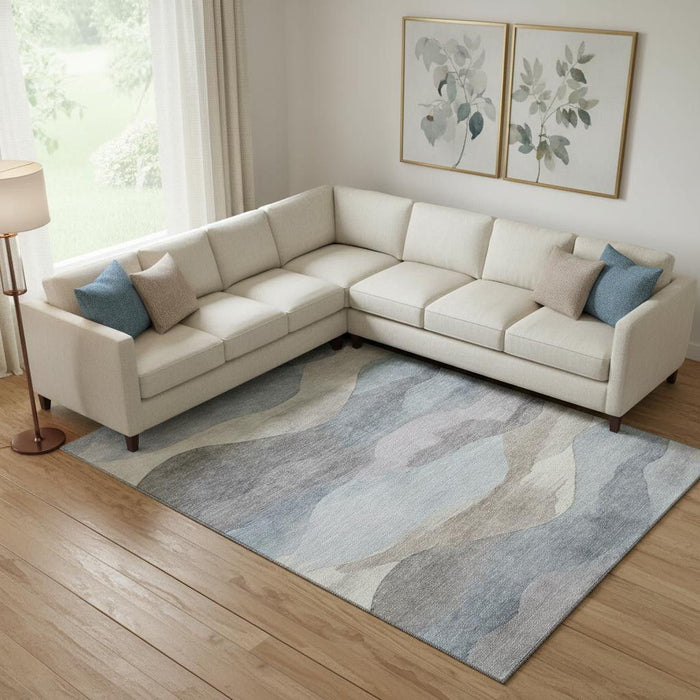 10' X 14' Abstract Washable Area Rug With UV Protection (709630) - Sky Blue / Beige / Ivory