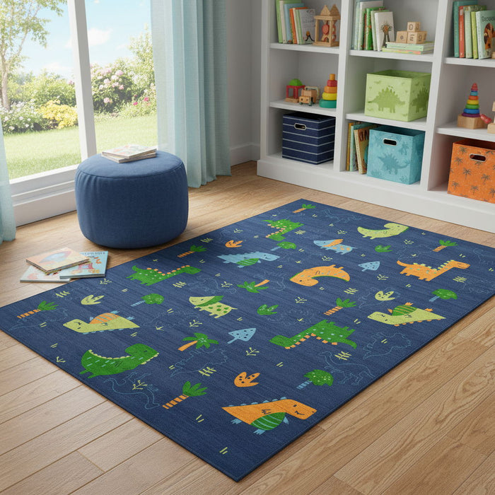 4' X 5' Dinosaurs Youthful Washable Area Rug (573580) - Blue / Orange / Green