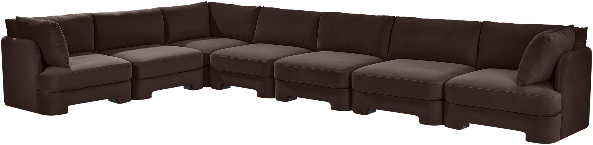 Velvet performance fabric upholstered 7-piece Meridian Furniture stationary sectional sofa in a modern living room setting.