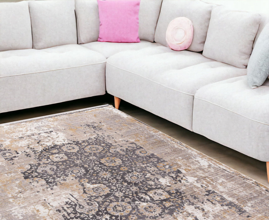 9' x 12' Oriental Washable Non Skid Area Rug - Gray And Ivory
