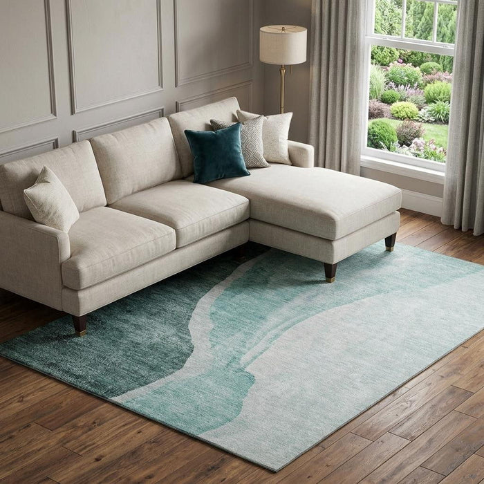 10' X 14' Abstract Washable Area Rug With UV Protection (655337) - Teal / Ivory