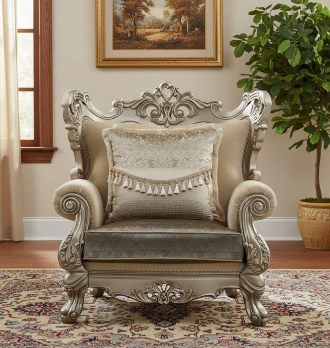 Fabric Geometric Arm Chair And Toss Pillow - Beige And Champagne