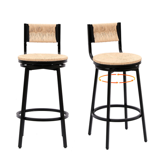 Set of two Giga swivel bar stools with metal frames and woven paper rope seats, ideal for kitchen counters and dining areas.