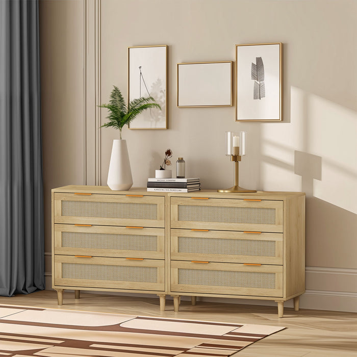 Set of 2 Giga rattan storage cabinets with 3 drawers each, ideal for bedroom, living room, or hallway decor in oak finish.