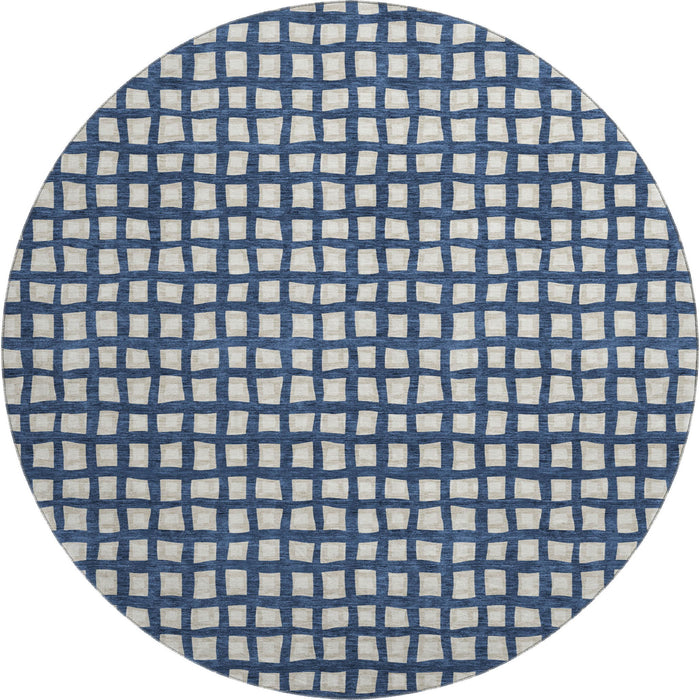 8' Transitional Geometric Washable Round Rug With UV Protection - Blue And Ivory