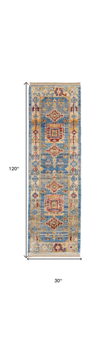 10' Wool Geometric Hand Knotted Runner Rug With Fringe - Blue Red And Yellow