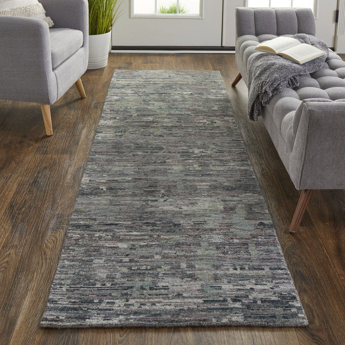 8' Wool Abstract Hand Knotted Runner Rug - Blue And Gray