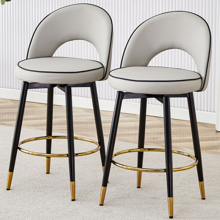 Set of two Giga modern upholstered bar stools with 360° rotatable seats and metal legs, ideal for dining room seating.