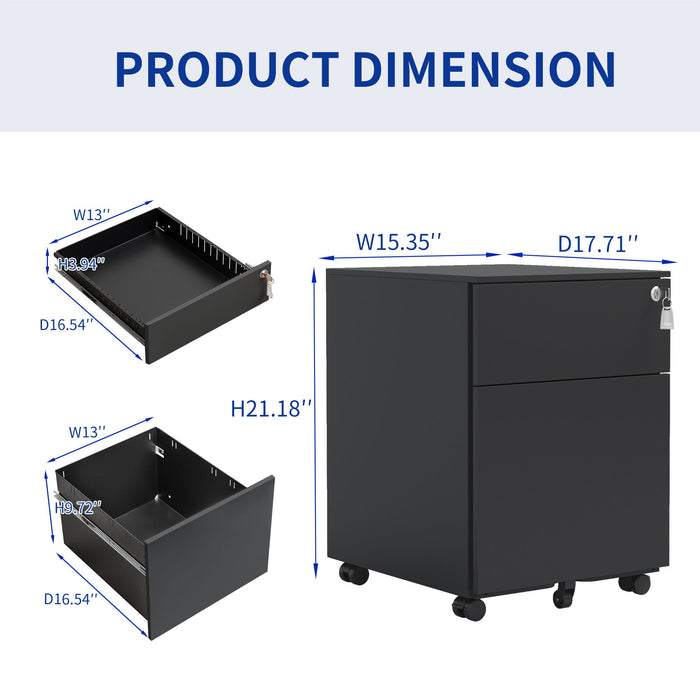 Giga steel 2-drawer mobile file cabinet with lock, suitable for legal, letter, A4, and F4 sizes in home or office settings.