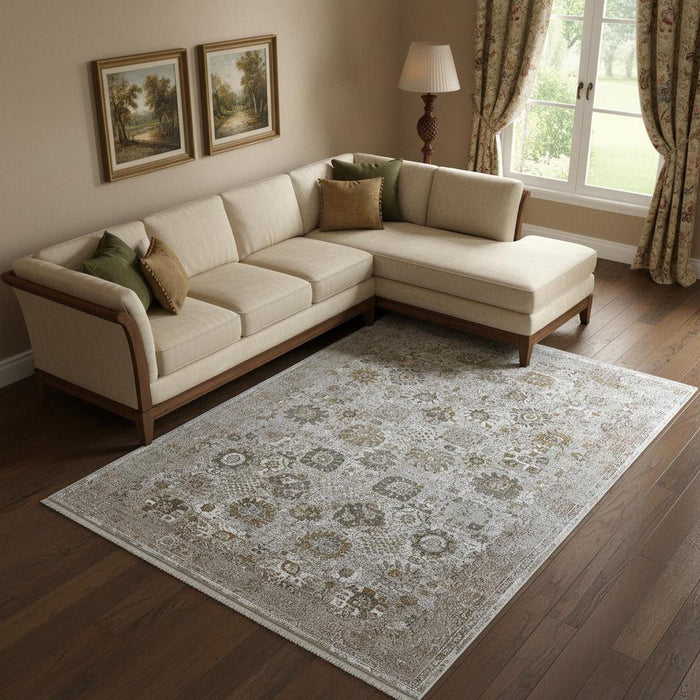 9' X 13' Floral Area Rug With Fringe (722061) - Ivory / Gray / Gold