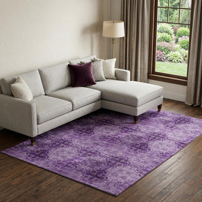 10' X 14' Floral Medallion Distressed Washable Area Rug With UV Protection (648922) - Eggplant / Ivory