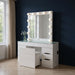 White wood and glass vanity set with six drawers, mirror, seating, and built-in lights by HomeRoots.
