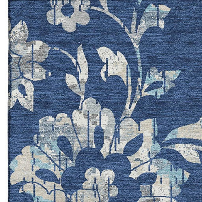 9' X 12' Floral Washable Area Rug With UV Protection (667926) - Navy Blue / Silver