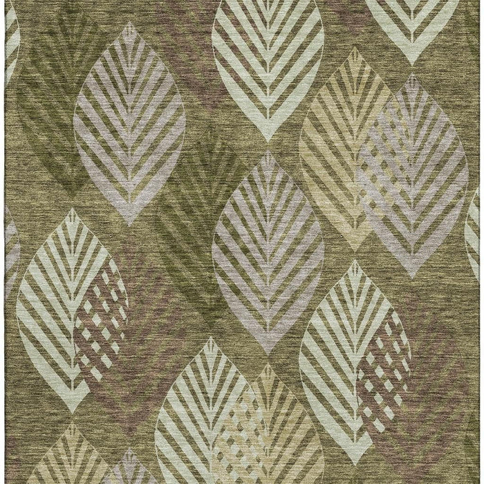 8' X 10' Floral Washable Area Rug With UV Protection - Olive Green
