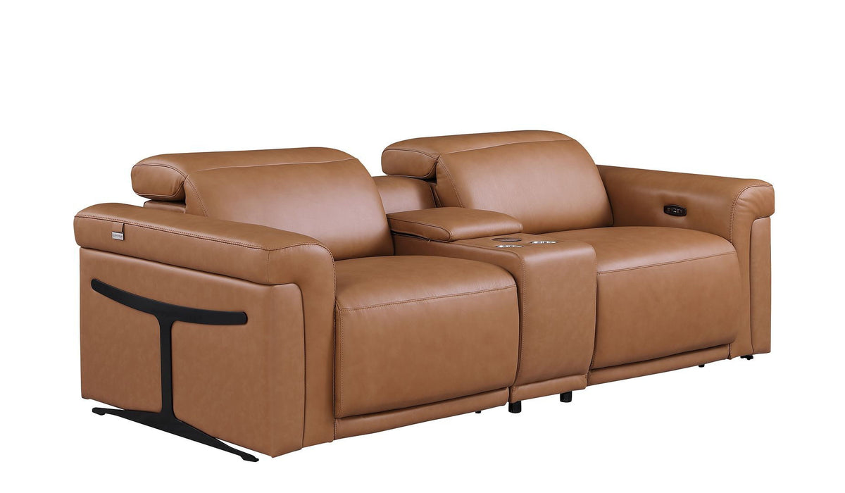 Italian Leather Power Reclining Loveseat With Storage (720528) - Chestnut / Black