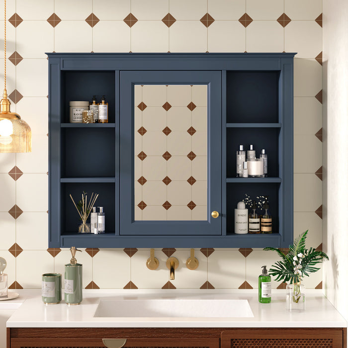 Giga wall mounted medicine cabinet with mirror, featuring 6 open shelves and adjustable interior storage in a sleek design