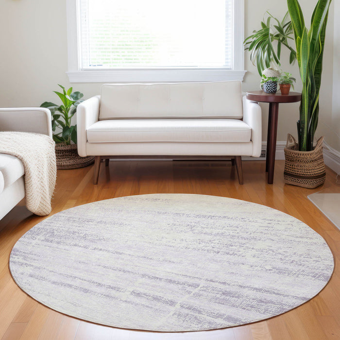 8' Abstract Washable Round Rug With UV Protection - Lavender / Ivory