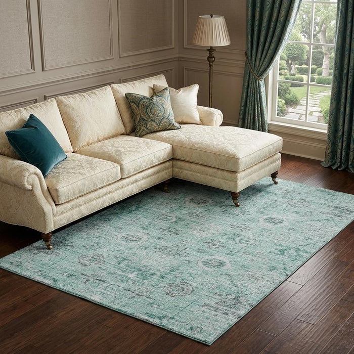 10' X 14' Damask Washable Area Rug With UV Protection (684594) - Teal / Silver / Gray
