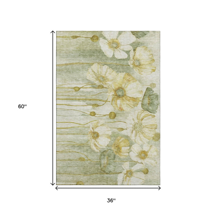 3' X 5' Floral Washable Area Rug With UV Protection (657318) - Sage / Gold / Ivory