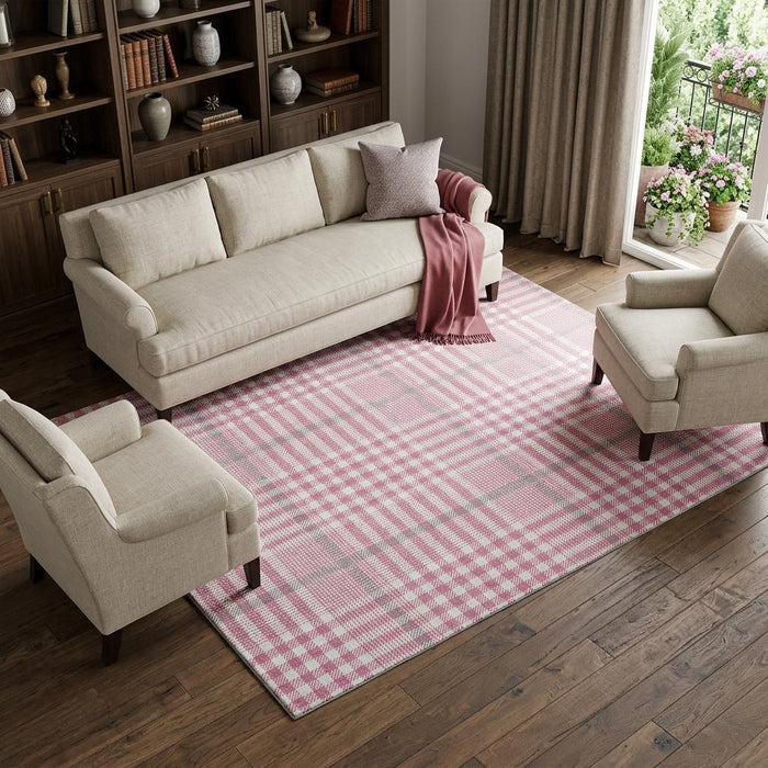 10' X 14' Plaid Washable Area Rug With UV Protection (682613) - Blush / Ivory / Gray