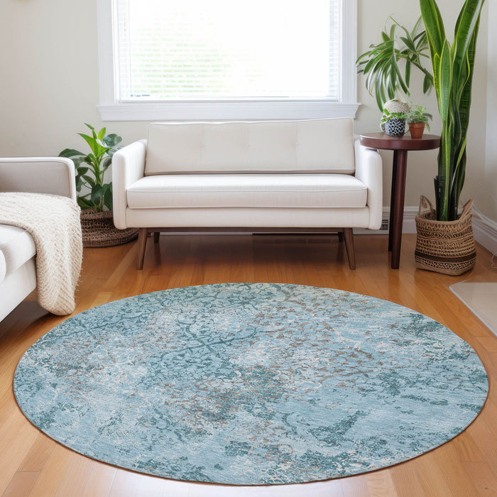 8' Transitional Transitional Abstract Washable Round Rug With UV Protection - Teal