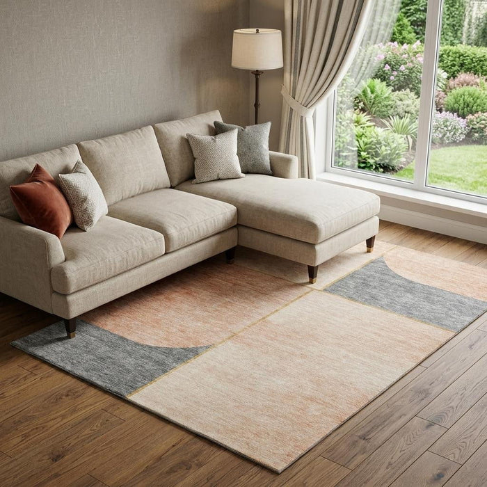 10' X 14' Geometric Washable Area Rug With UV Protection (657497) - Coral / Gray / Gold