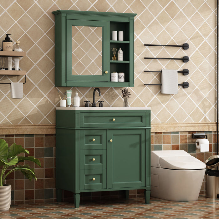 Giga bathroom vanity with medicine cabinet, modern storage with 2 soft-close doors and 4 drawers, white finish, sleek design