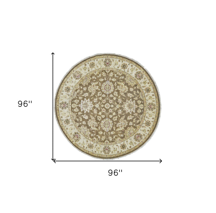 8' Wool Oriental Hand Knotted Round Rug - Brown Gold And Tan