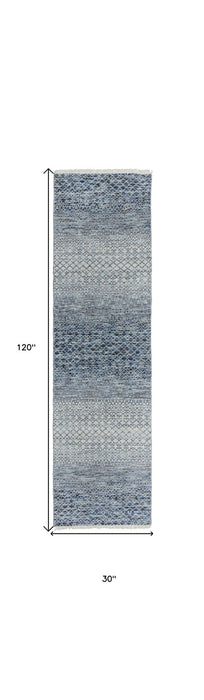 10' Wool Hand Knotted Runner Rug With Fringe - Ivory Gray And Blue