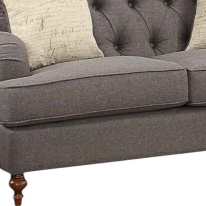 Linen Curved Loveseat And Toss Pillows - Dark Gray / Brown