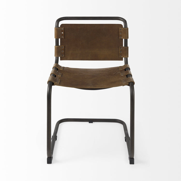 Leather Metal Open Back Dining Side Chair - Brown