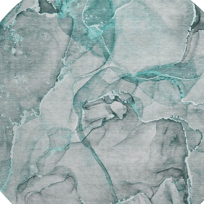 8' Abstract Washable Round Rug With UV Protection (647281) - Teal / Ivory