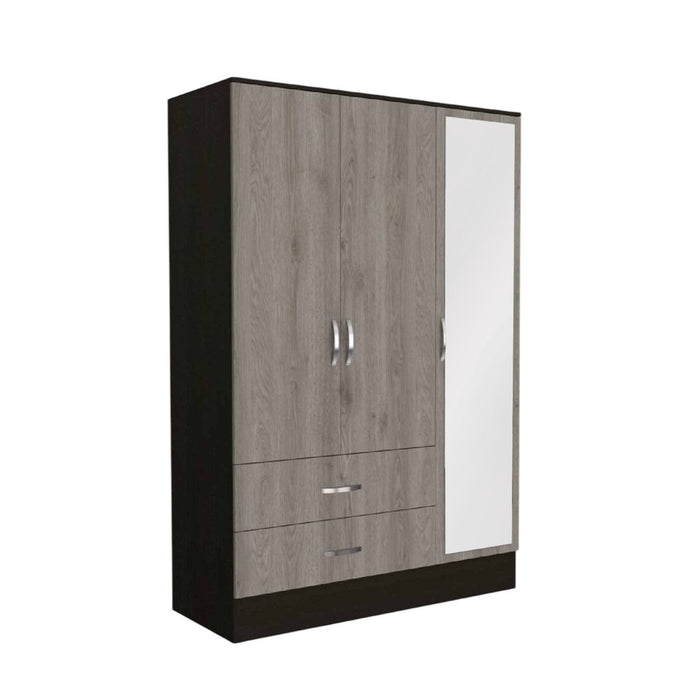 Three Door Wardrobe Closet With Mirror - Light Oak / Black
