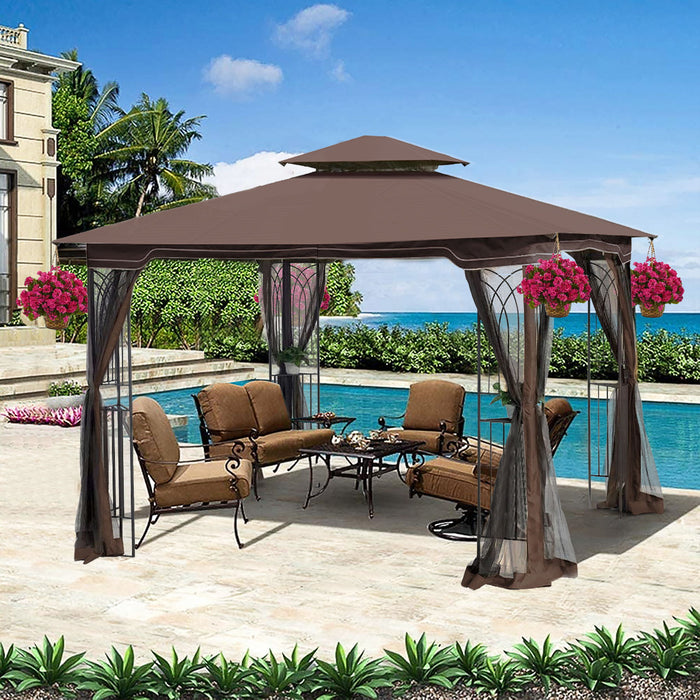 Giga patio gazebo tent with ventilated double roof and mosquito net, providing shaded outdoor shelter and insect protection.