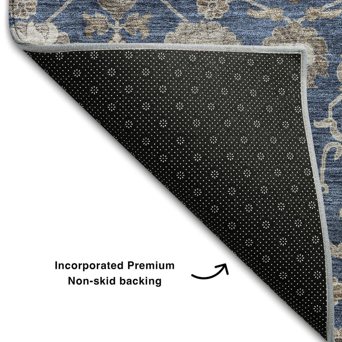 10' X 14' Floral Washable Area Rug With UV Protection (687017) - Navy Blue / Brown / Beige