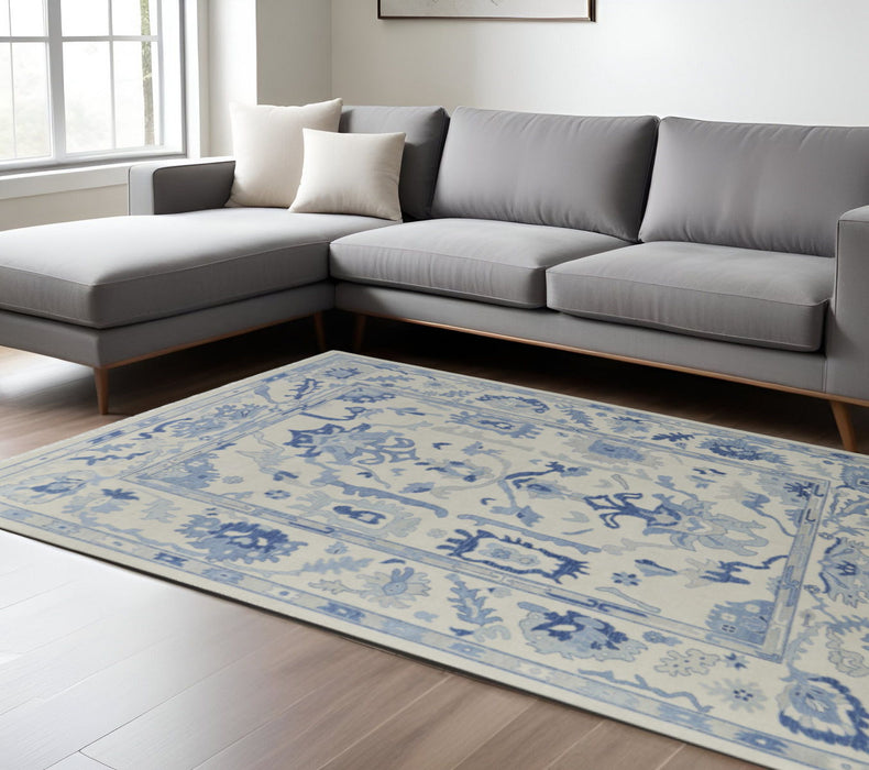 12' X 15' Floral Hand Knotted Area Rug With Fringe - Ivory And Blue