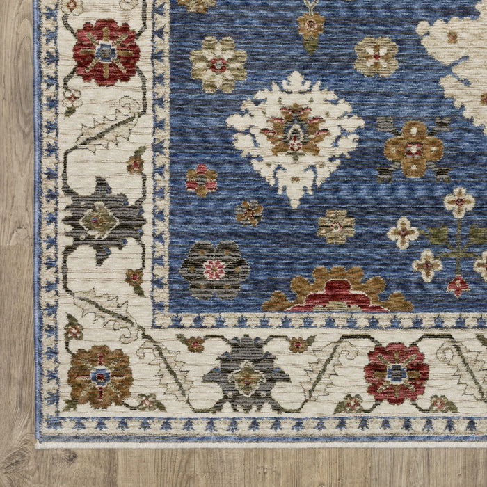 10' X 13' Floral Area Rug With Fringe - Blue And Ivory