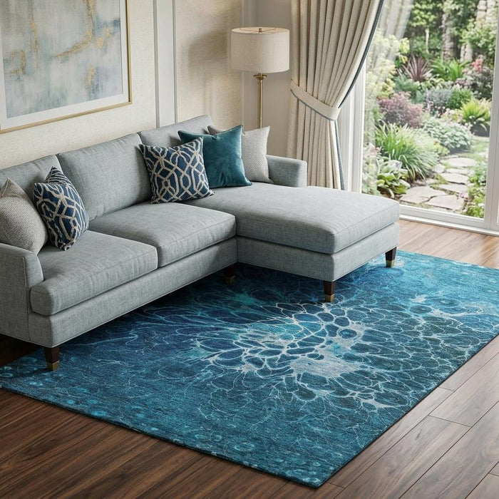 10' X 14' Abstract Washable Area Rug With UV Protection (654578) - Navy Blue / Ivory