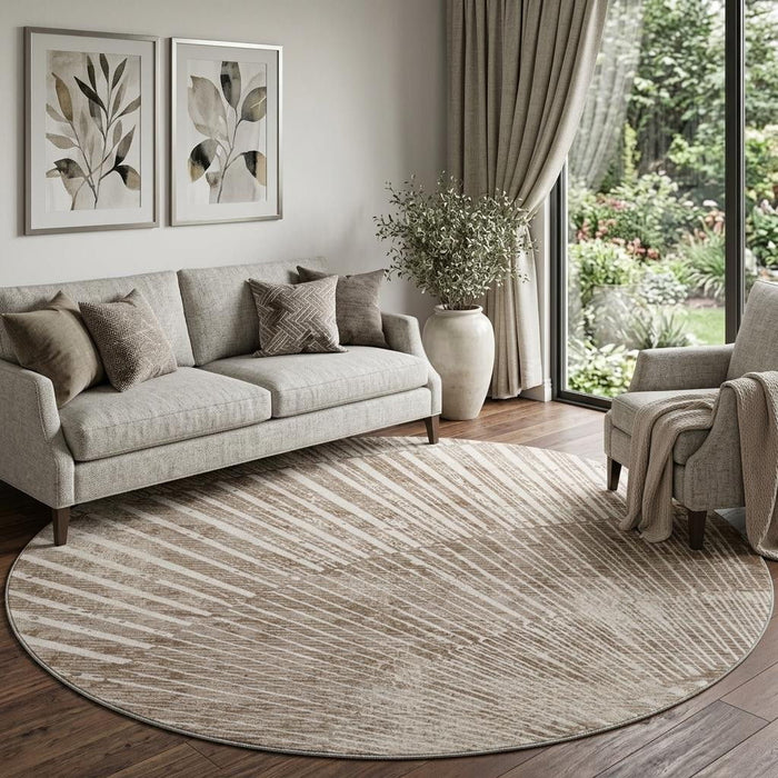 8' Geometric Washable Round Rug With UV Protection (648349) - Taupe / Ivory