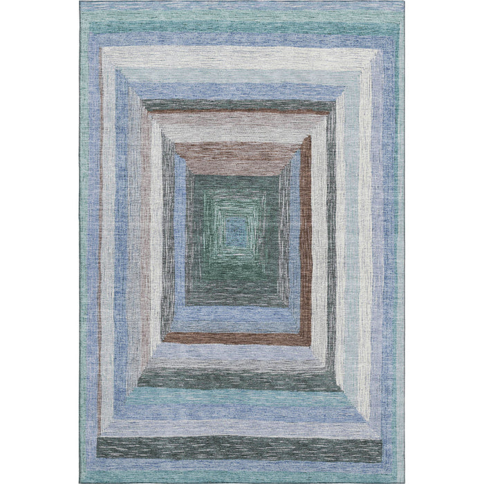 10' X 14' Geometric Washable Area Rug With UV Protection (709330) - Denim Blue / Ivory / Brown