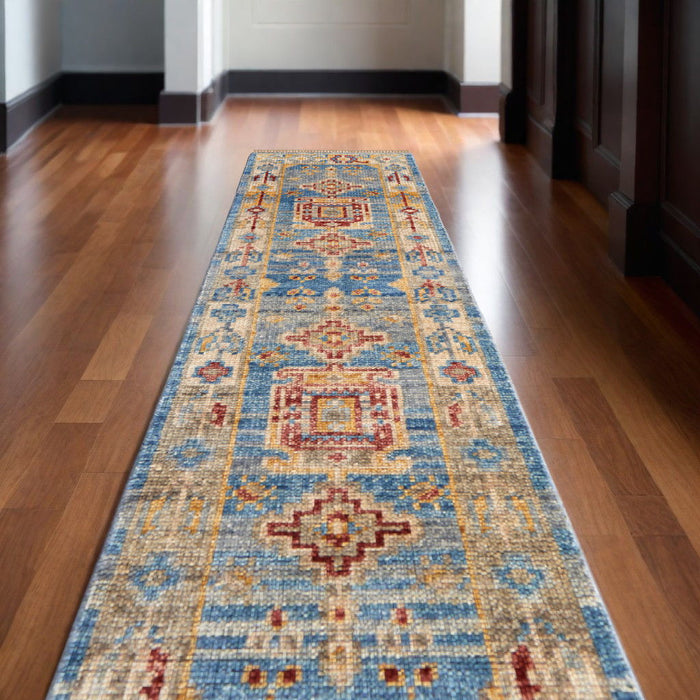 12' Wool Geometric Hand Knotted Runner Rug With Fringe - Blue Red And Yellow