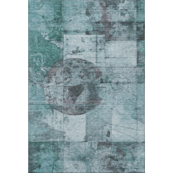10' X 14' Geometric Washable Area Rug With UV Protection (707671) - Teal / Gray