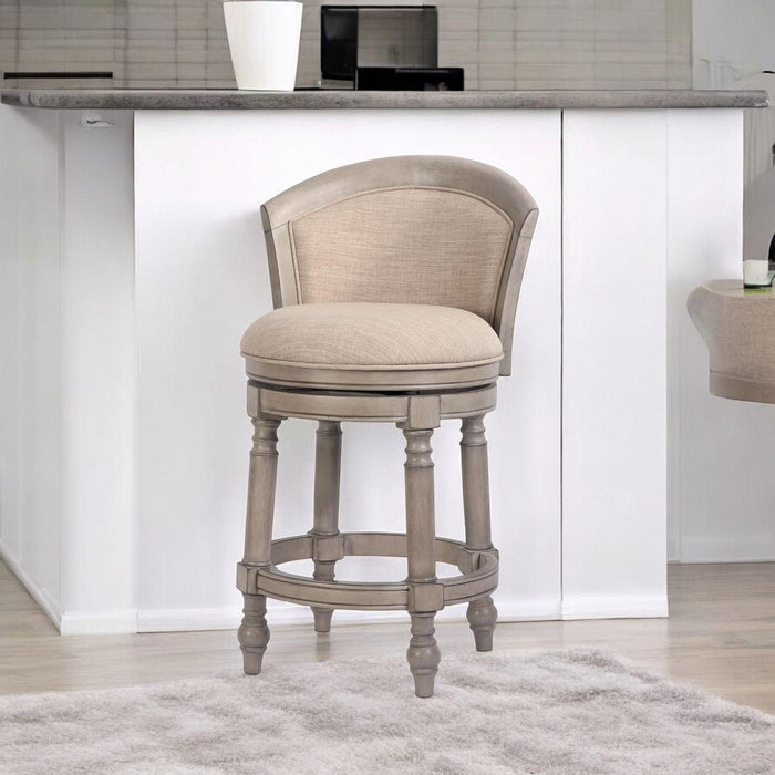 Fabric Faux Leather Solid Wood Low Back Counter Height Swivel Bar Chair - Beige / Gray