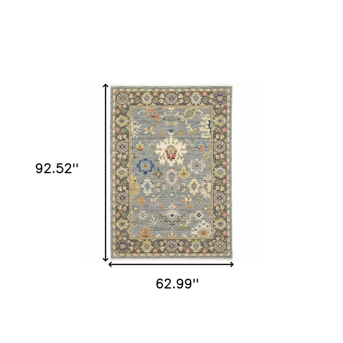 5' x 8' Oriental Power Loom Stain Resistant Area Rug With Fringe - Blue Gray Gold Green Pink Orange Ivory And Red