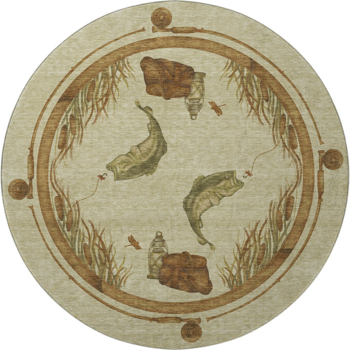8' Nautical Washable Round Rug With UV Protection - Khaki
