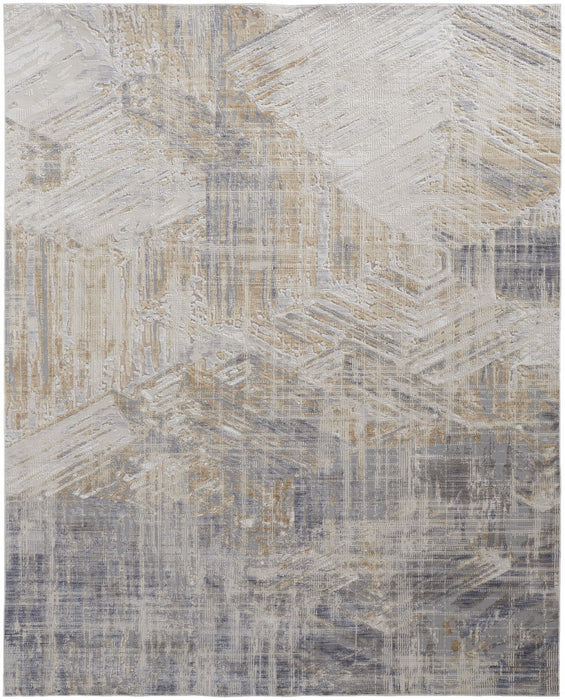 8' x 10' Abstract Power Loom Distressed Area Rug - Tan Ivory And Gray