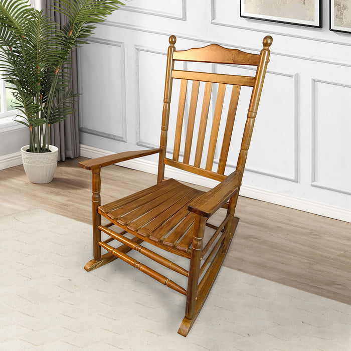 Giga balcony porch adult rocking chair with wooden frame and cushioned seat for outdoor relaxation on a porch or balcony.